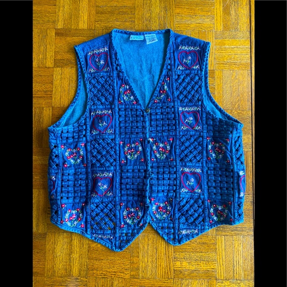 Bobbie Brooks Jackets & Blazers - Vintage BOBBIE BROOKS Vest Denim Blue Jean Buttons Hippy Flower Heart XL 🌿
